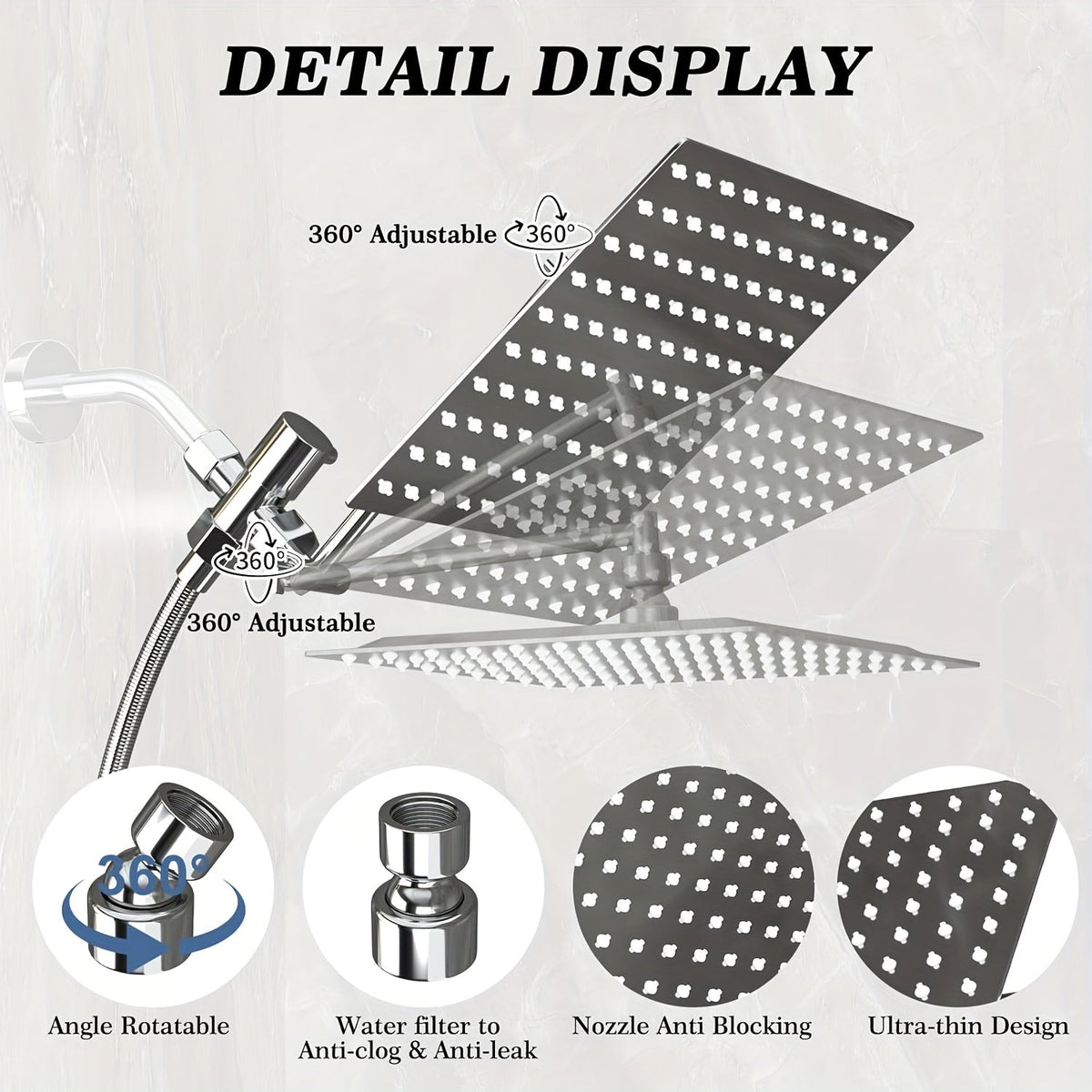 Combiné douche de tête haute pression et douchette à main, bras d'extension de 11 pouces, 9 réglages, anti-fuite, hauteur réglable, chrome noir mat