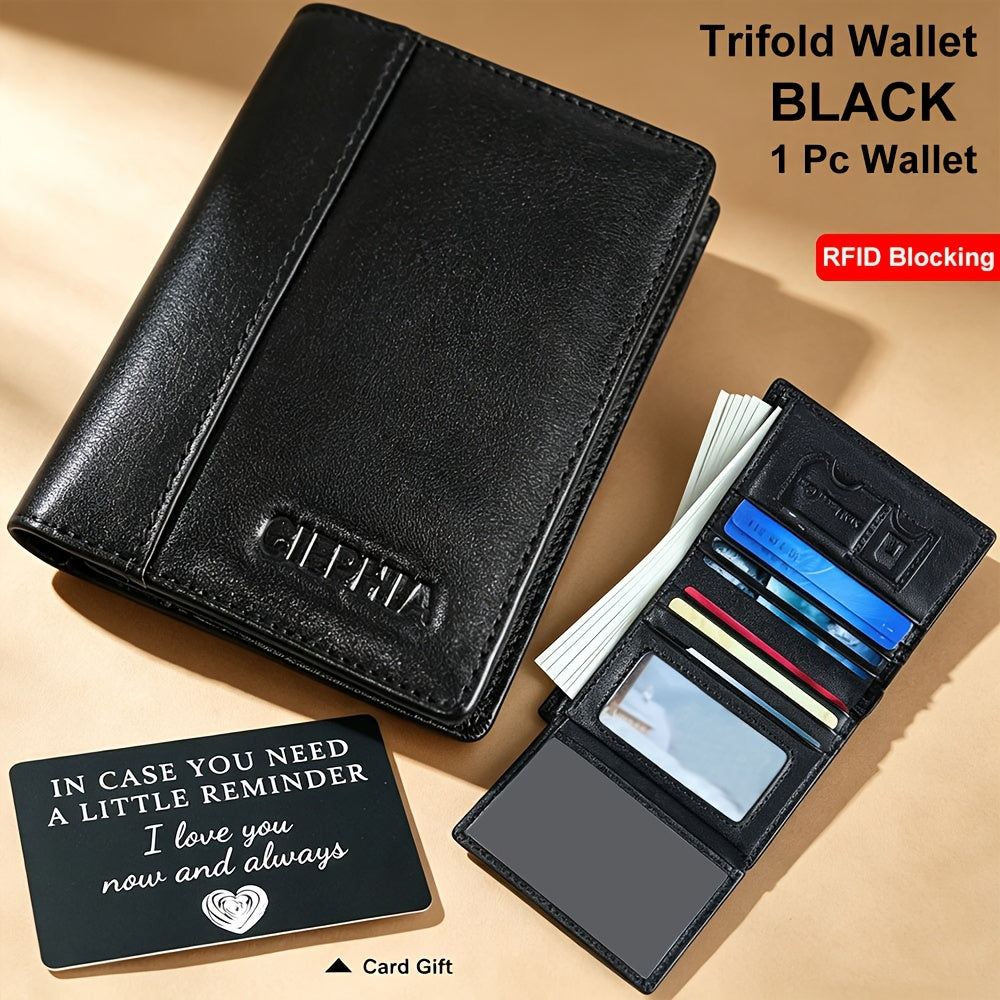 Portefeuille pour homme en cuir véritable avec protection RFID, trois volets, cuir de vachette vintage, porte-cartes de crédit, 2 fenêtres pour carte d'identité, pince à billets, emplacements pour espèces, cadeau de fête des pères pour papa ou mari