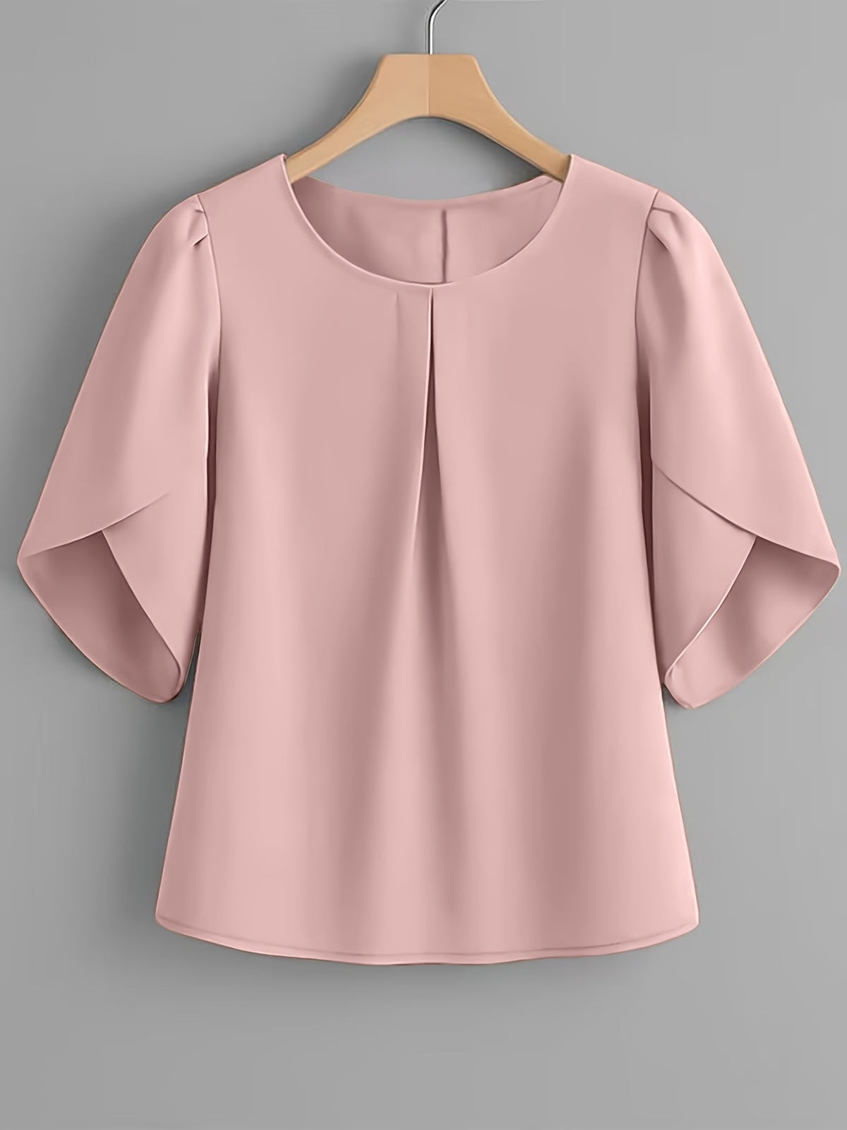 Chemisier femme à manches courtes, col rond, poignets à volants et plis sur la poitrine – Haut élégant en tissu 100 % polyester, semi-transparent, avec manches fendues