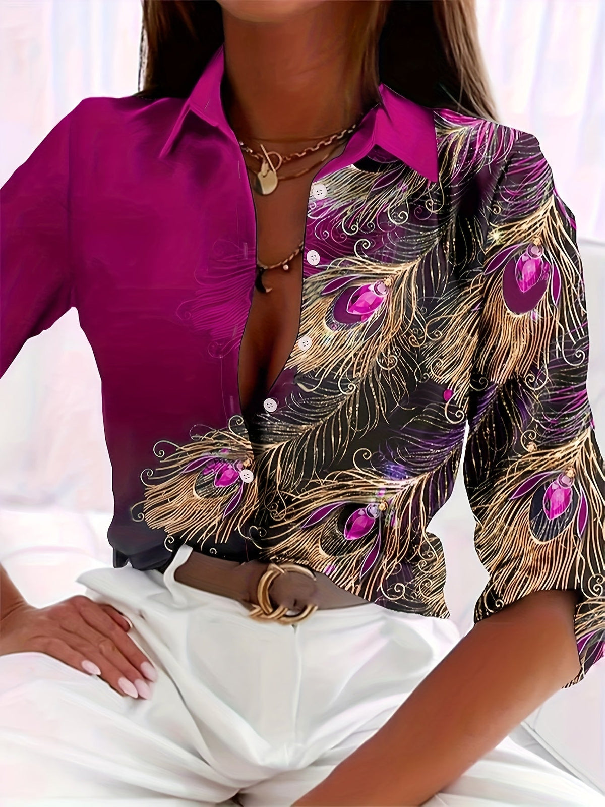 Chemisier élégant pour femme à imprimé paon et boutonnage sur le devant | Chemise en polyester tissé turquoise et doré à col classique pour le bureau, les fêtes et toute saison