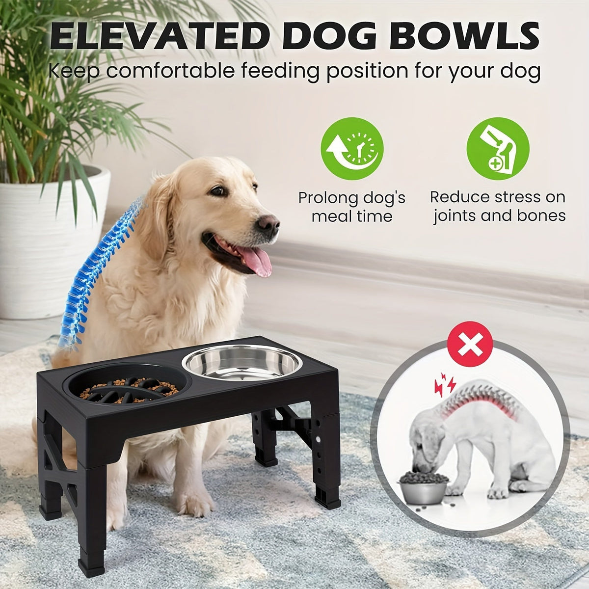 Support surélevé ajustable pour gamelles de chien avec lot de 3 gamelles – 5 hauteurs de 8,1 à 31 cm, 2 gamelles en acier inoxydable + gamelle anti-glouton pour petits, moyens et grands chiens, mangeoire surélevée noire ou grise