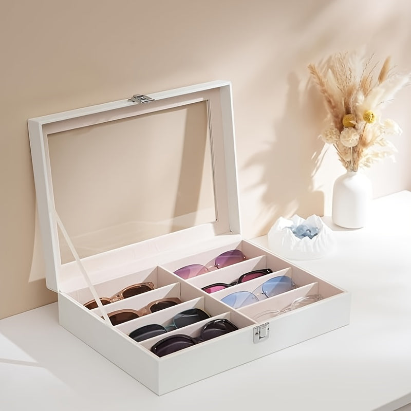 Étui de rangement pour lunettes en cuir PU à 8 fentes – Boîte de rangement grande capacité pour lunettes de soleil et lunettes de lecture, présentoir de collection domestique de luxe en noir, blanc et vert