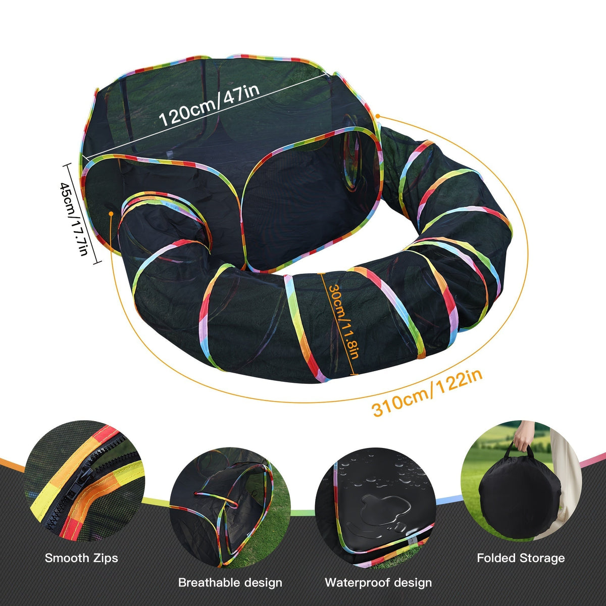Parc pour chat Rainbow, enclos extérieur pour chat avec tunnel circulaire et tente pop-up portable, aire de jeu pliable pour chats, chatons et petits animaux, usage intérieur et extérieur