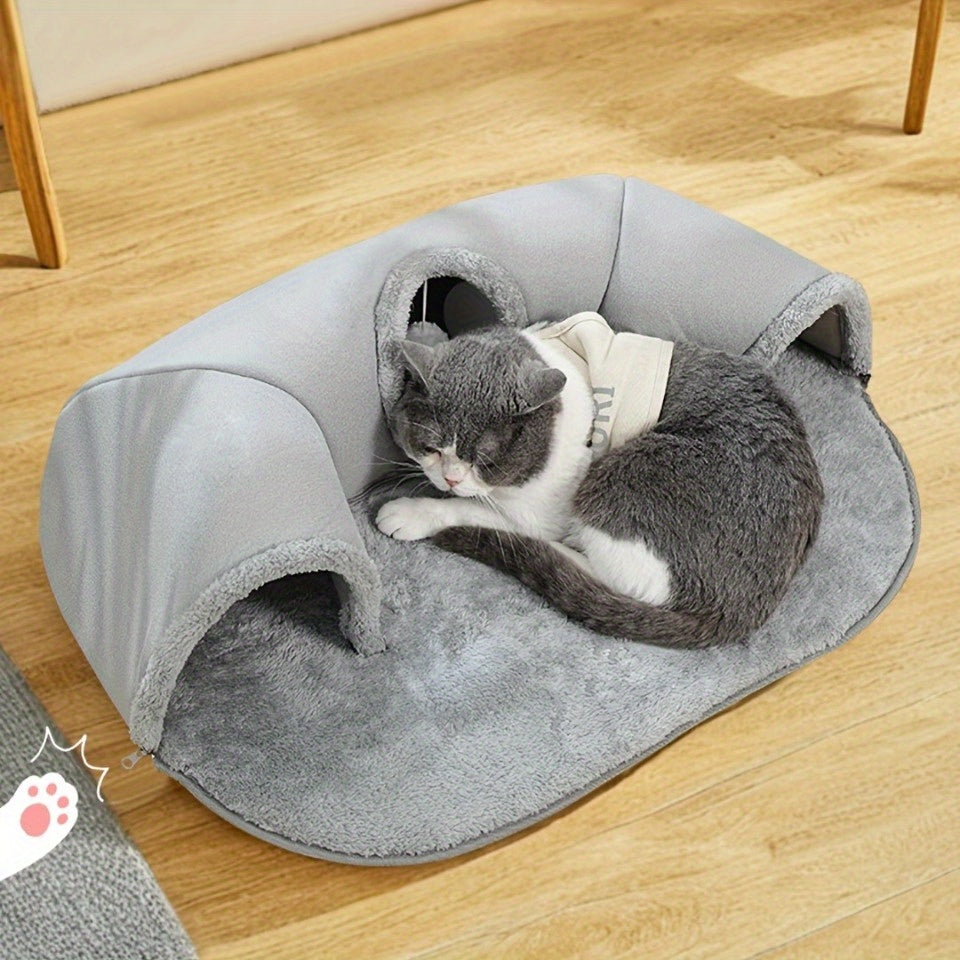 Tunnel-lit pour chat avec mousse à mémoire de forme, balle suspendue et bavoir offert – Condo lounge en peluche détachable, nid pour animaux lavable en machine pour foyers multi-chats, chats de petite à moyenne taille – Velora