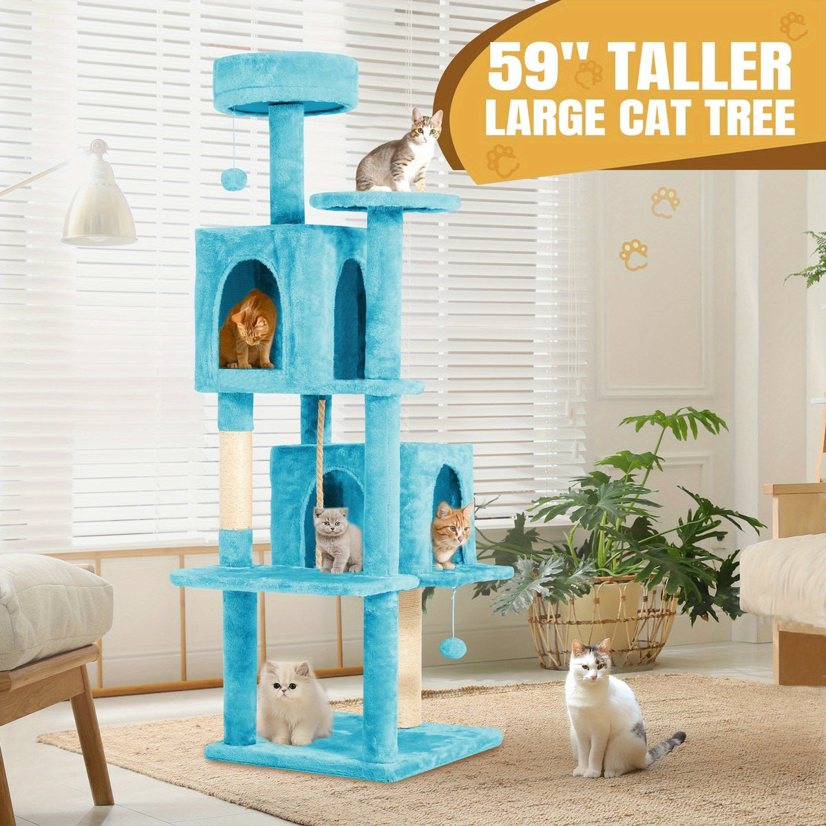 Arbre à chat multi-niveaux de 150 cm pour chats d'intérieur – Grand arbre à chat avec zone de repos en peluche, poteau à griffer en sisal et jouet à balle suspendue – Idéal pour chambre, salon et foyers multi-chats – Velora