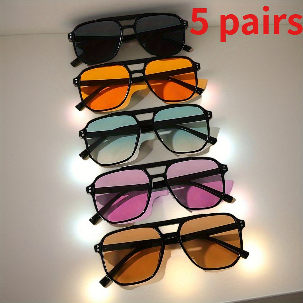 Lot de 5 paires de lunettes de soleil carrées style pilote, monture large en polycarbonate, protection UV, lunettes tendance et décontractées unisexes pour hommes et femmes, monture noire, verres multicolores
