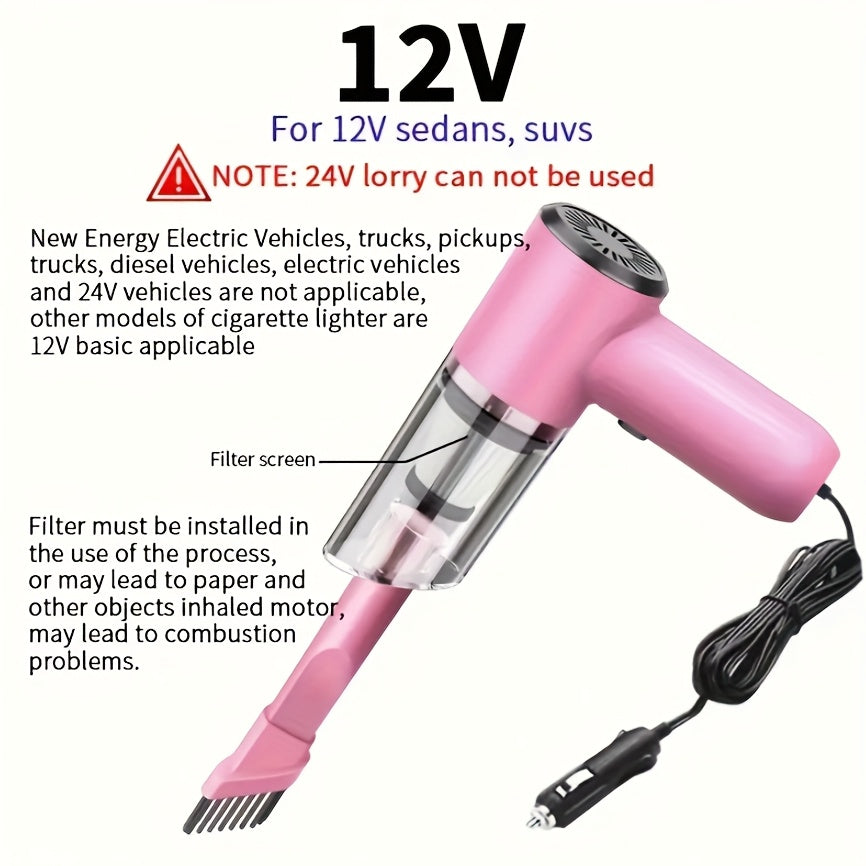 Aspirateur de voiture portable 12 V, aspirateur filaire puissant pour poils d'animaux et poussière, moteur silencieux, kit d'accessoires inclus, design compact pour le nettoyage intérieur de voiture – Rose