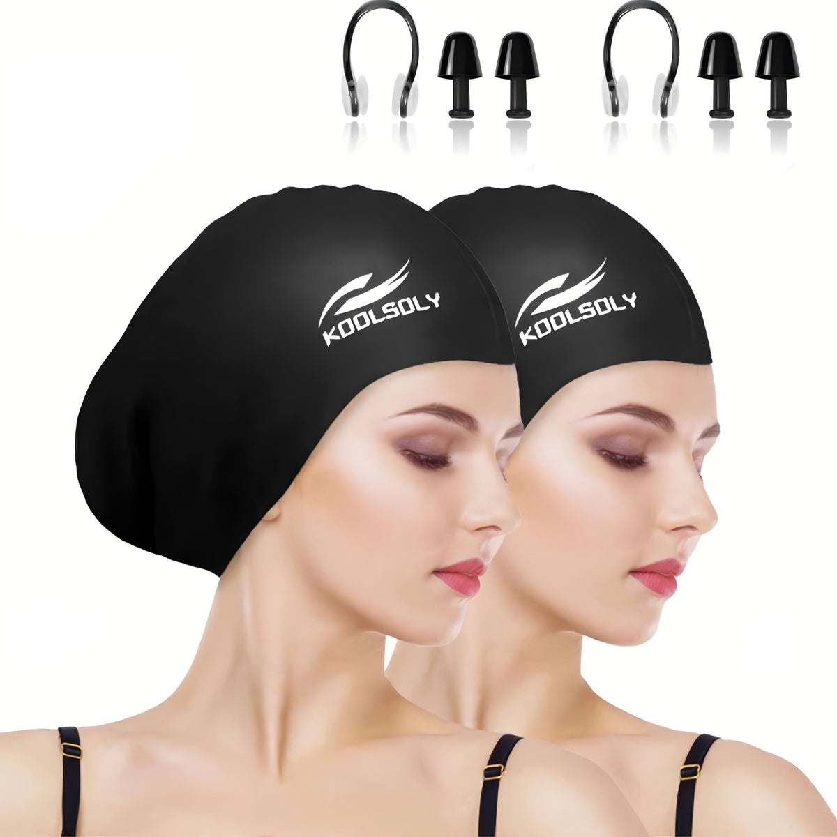 Lot de 2 bonnets de bain en silicone avec protection auditive pour cheveux longs – Inclut bouchons d'oreilles et pince-nez, ensemble de bonnet de bain étanche, 11 options de couleurs pour femmes, hommes et adultes