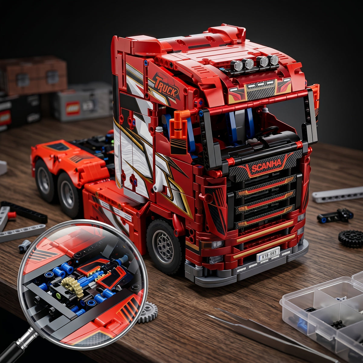 Ensemble de construction de camion lourd de 1788 pièces - Modèle réduit de tracteur routier avec détails mécaniques, kit de construction de cabine rouge pour adultes et adolescents | Cadeau d'anniversaire ou de vacances pour les passionnés de camions