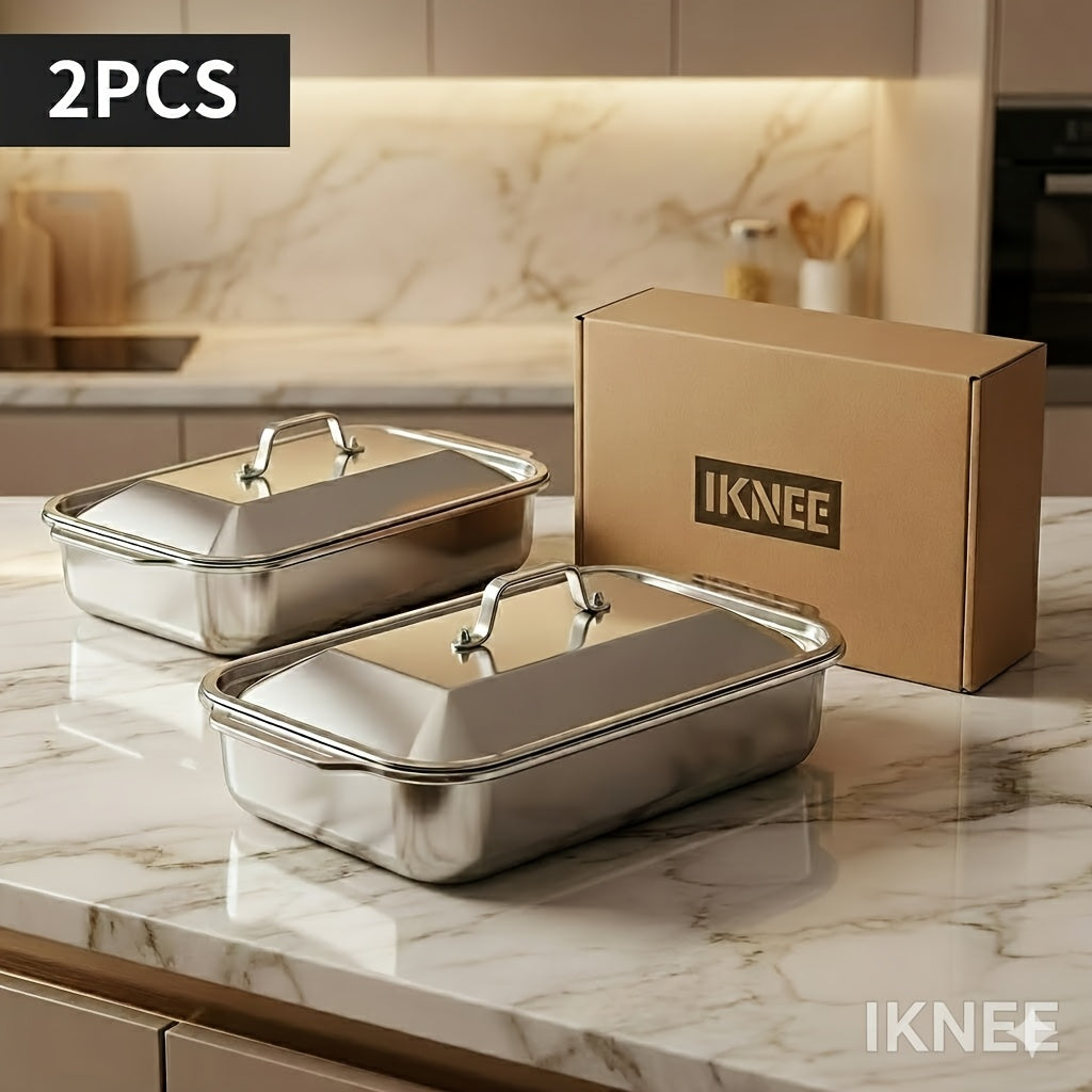 Ensemble de 4 plats de cuisson en acier inoxydable – 2 plats à rôtir profonds et 2 plats avec couvercle et poignées, plat rectangulaire de 6 litres et 41 cm pour dinde, lasagnes, poisson et poulet, compatible lave-vaisselle