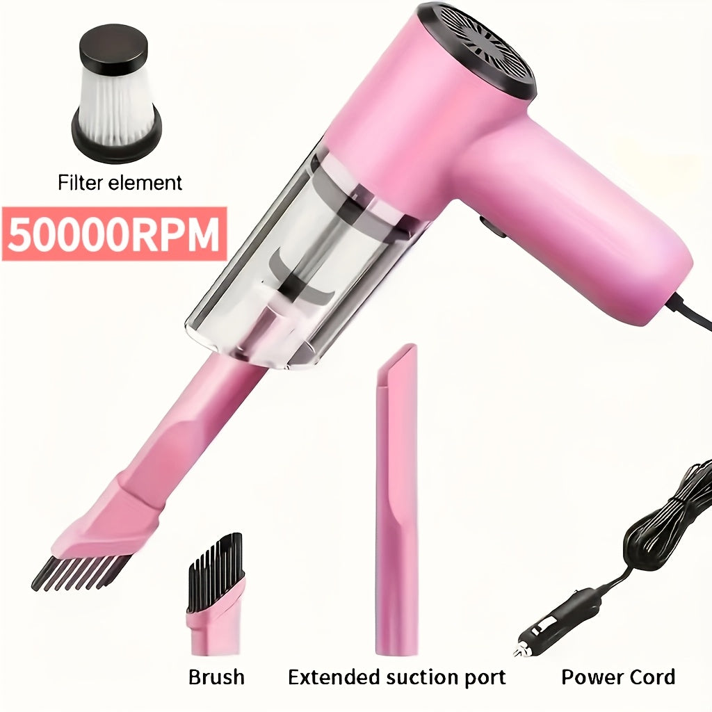 Aspirateur de voiture portable 12 V, aspirateur filaire puissant pour poils d'animaux et poussière, moteur silencieux, kit d'accessoires inclus, design compact pour le nettoyage intérieur de voiture – Rose