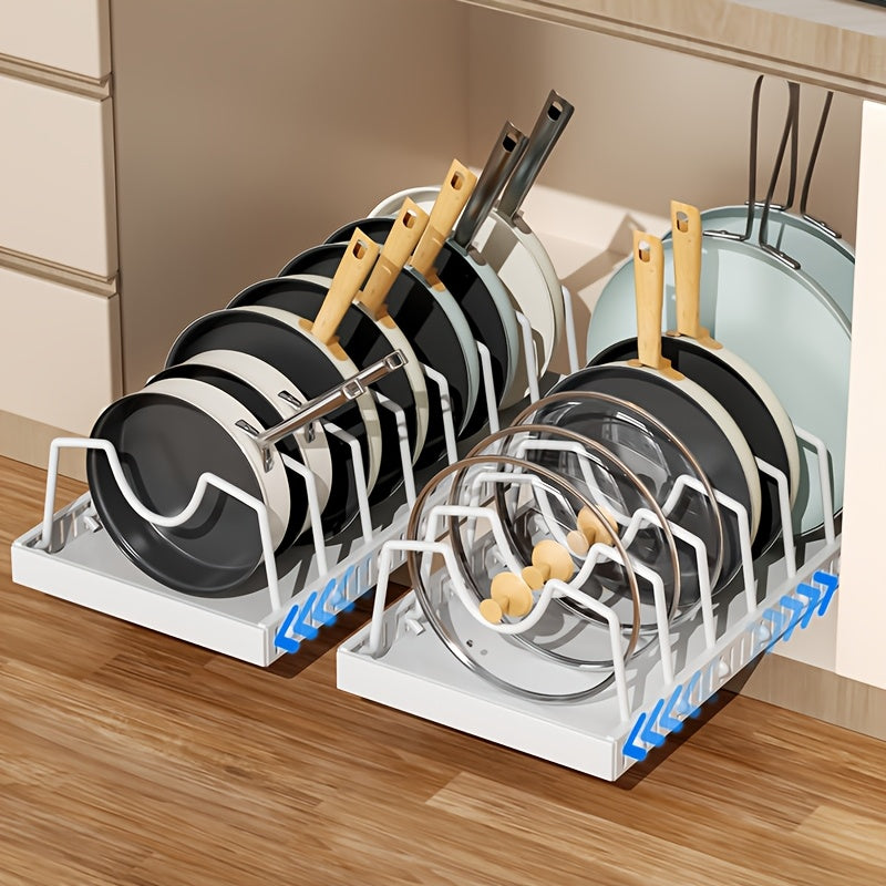 Organisateur de placard coulissant pour casseroles et poêles avec support à couvercles – 8/16 séparateurs réglables, installation sans perçage, rangement coulissant pour couvercles, ustensiles de pâtisserie et assiettes – 1 ou 2 pièces, noir et blanc