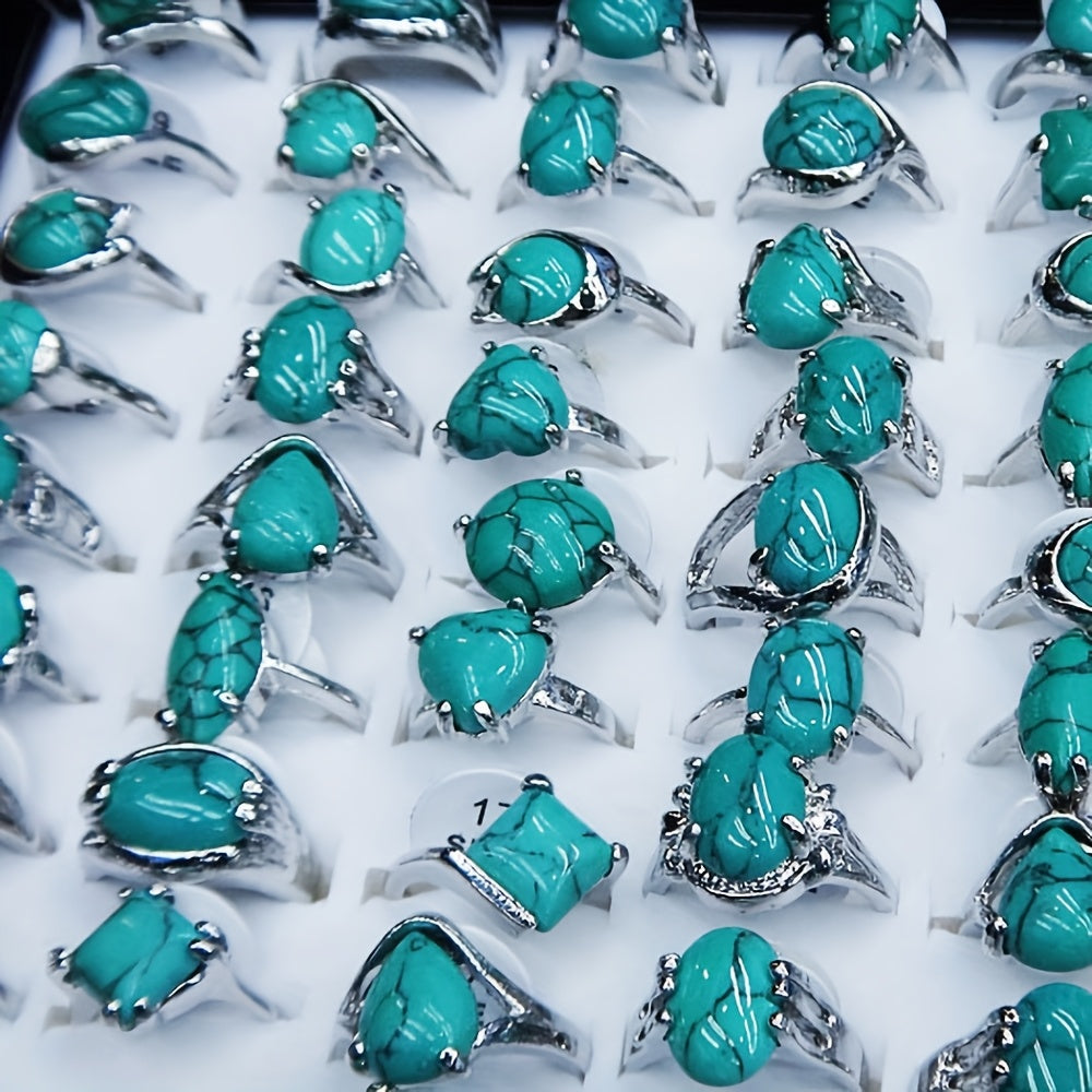 Lot de 40 bagues empilables bohèmes en turquoise pour femme – Bagues vintage superposables en forme de cœur, de goutte d'eau et géométriques, parfaites pour le quotidien, les vacances, les fêtes et les cadeaux de fin d'année