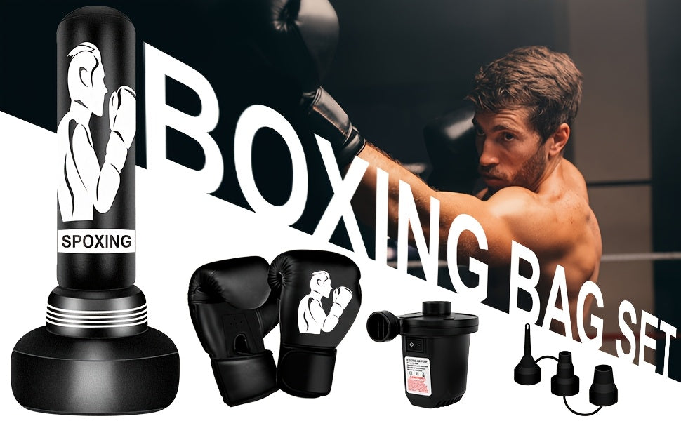 Sac de frappe sur pied 178 cm avec gants de boxe et pompe à air électrique | Sac de frappe gonflable pour adultes, hommes, femmes et adolescents | Gym à domicile, MMA, Muay Thai, kickboxing, entraînement fitness | Noir
