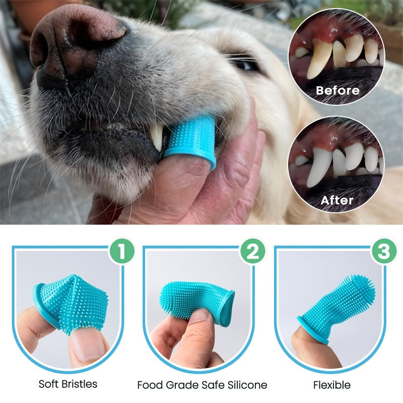 Kit de soins dentaires pour animaux de 3 pièces : brosse à dents en silicone à 360°, brosse à doigt et brosse à micro-filaments pour chiens et chats, souple et douce, aucune pile requise