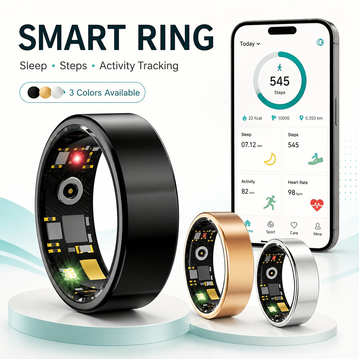 Bague connectée pour femmes et hommes – Tracker de fitness étanche IP68 avec suivi du sommeil, fréquence cardiaque, VRC, température corporelle, stress et podomètre, bague de santé pour iPhone et Android, tailles 7 à 13, noir, or rose, argent