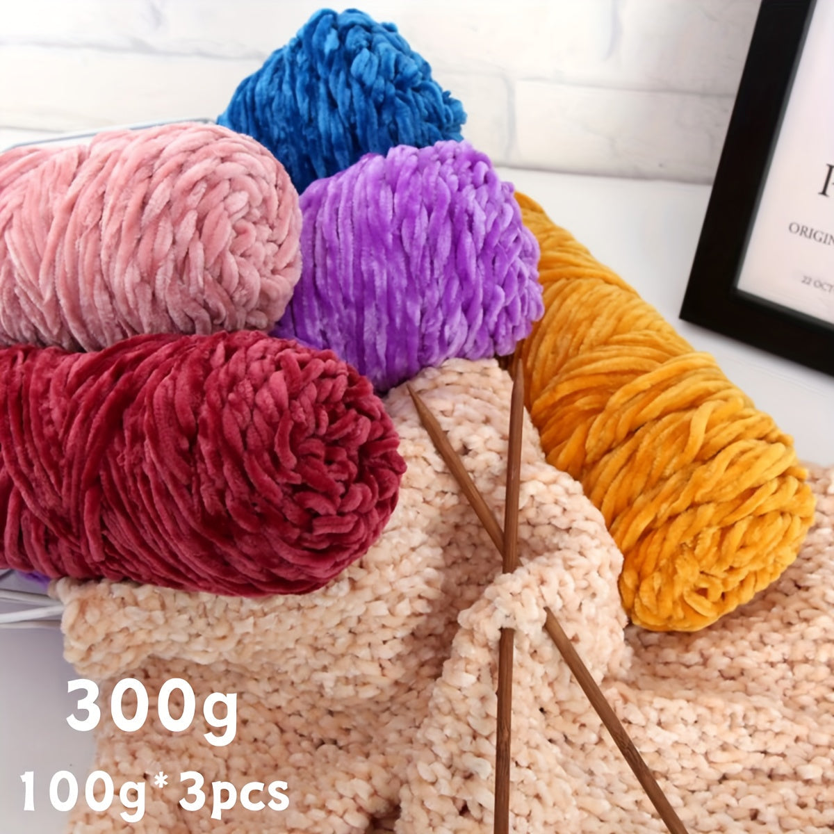 Fil chenille velours, lot de 3 pelotes de 300 g (3 x 100 g), laine douce et épaisse pour tricot et crochet, 47 couleurs, idéal pour débutants, artisanat de luxe pour pulls, écharpes, bonnets, poupées, sacs, amigurumi et projets DIY
