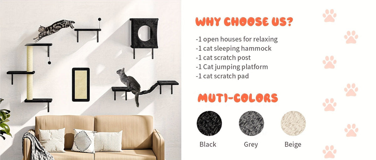 Ensemble de 5 étagères murales pour chats - Perchoir, grimpeur et pont flottants pour chats, mobilier moderne pour chats d'intérieur, alternative à l'arbre à chat avec plateforme de couchage, maison pour chat gain de place
