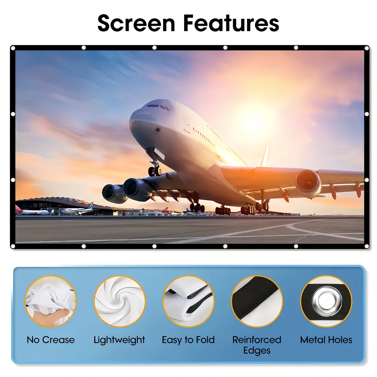 Écran de projection portable 100 pouces 4K HD 16:9 – Écran de cinéma pliable anti-plis pour intérieur et extérieur, angle de vision large 160° à projection double face pour home cinéma, camping, fêtes et présentations