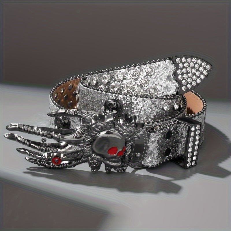 Ceinture punk unisexe à tête de mort – Similicuir orné de strass avec boucle tête de mort en alliage de zinc, accessoire de mode audacieux pour Halloween, les fêtes et le quotidien, 5 couleurs disponibles