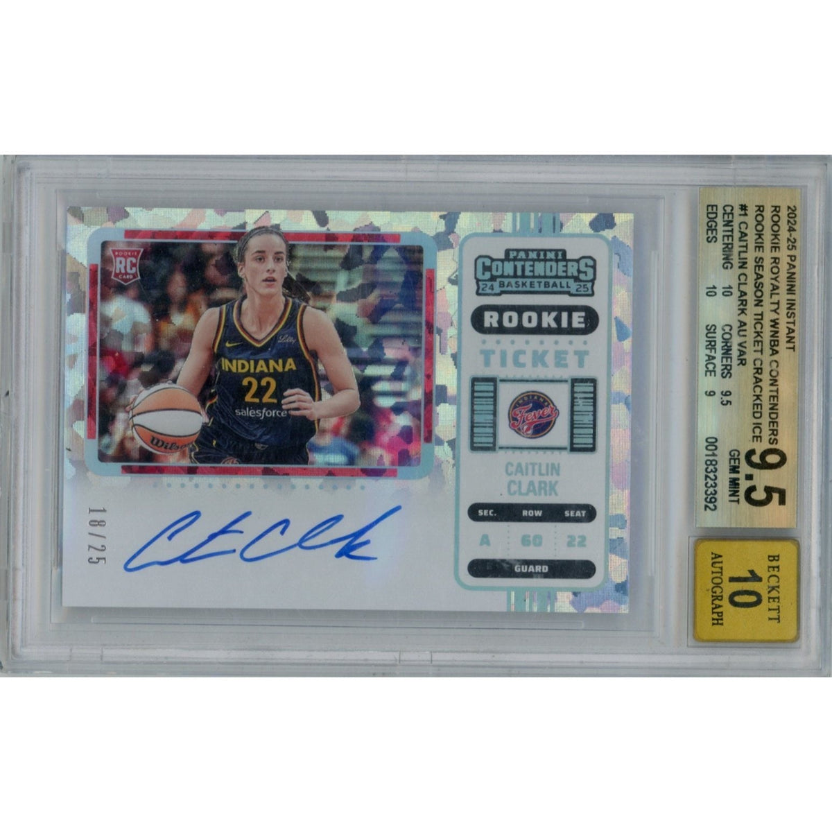 Carte Panini Instant Contenders WNBA 2024-25 Caitlin Clark #1, variante Cracked Ice, autographiée 18/25 - Certifiée BGS 9.5 / AUTO 10 | Carte d'investissement rookie autographiée ultra-rare