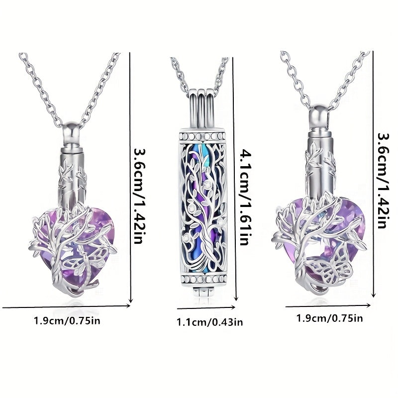 Ensemble de 3 colliers urnes colorés pour cendres - Pendentifs commémoratifs cylindriques papillon et libellule pour la perte d'un proche ou d'un animal, à partager en famille, coffret de bijoux souvenir (3 pièces)