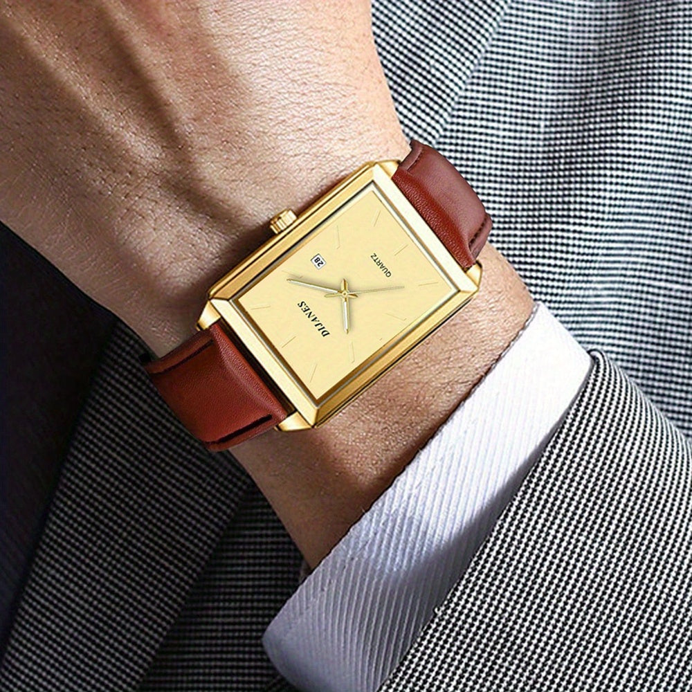 Montre rétro carrée pour homme avec calendrier – Montre-bracelet analogique à quartz au cadran carré vintage, style décontracté chic, doré et noir, cadeau élégant