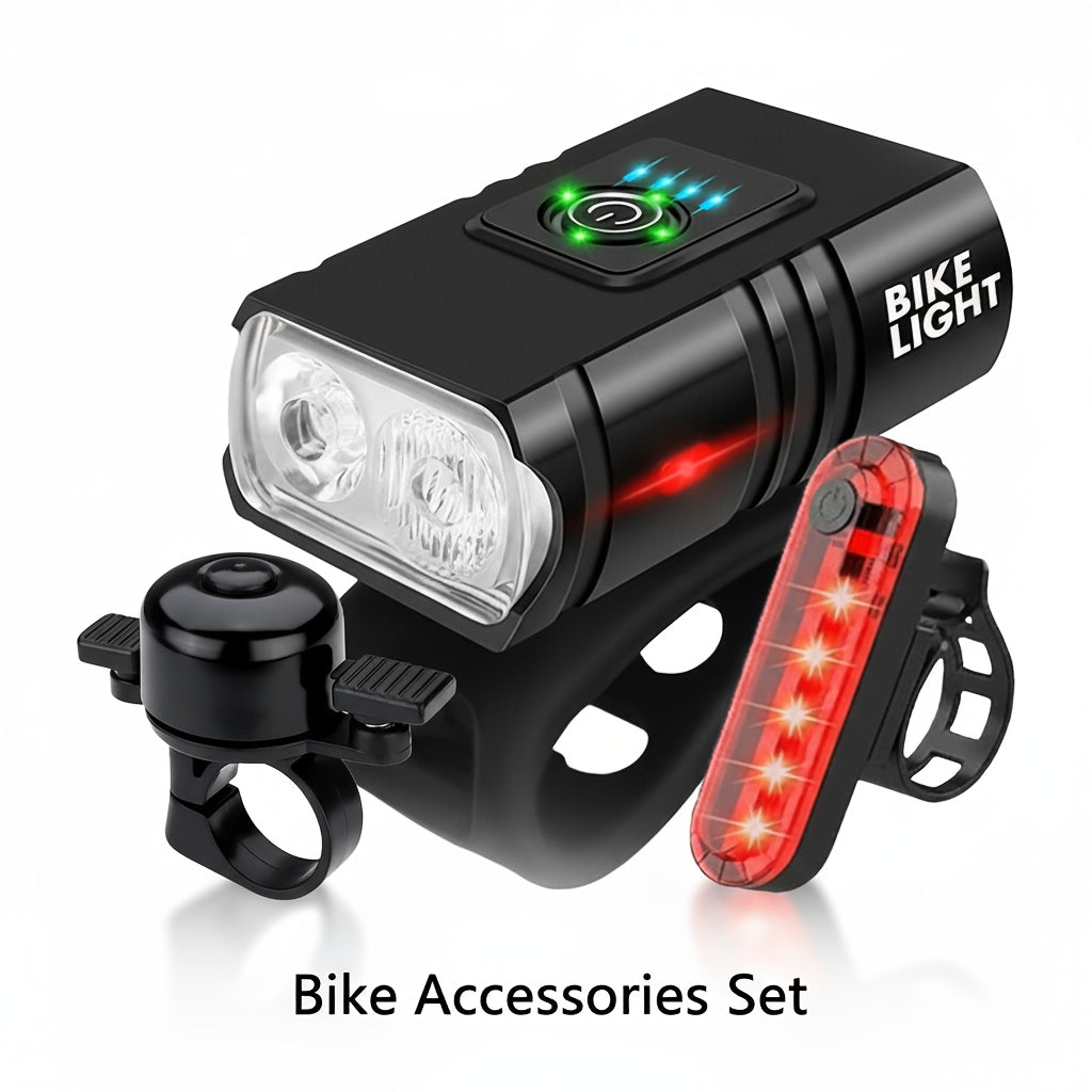 Ensemble d'éclairage de vélo rechargeable par USB ultra-lumineux – Phare avant LED 1200 mAh et feu arrière 330 mAh, 6+4 modes, faisceau large 180°, sonnette de sécurité incluse, pour vélo de route, VTT et cyclisme de nuit