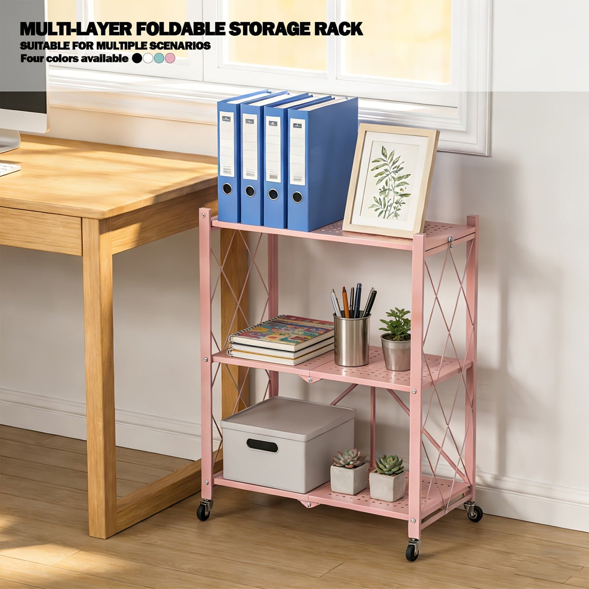 Heavy Duty Folding Storage Rack with Wheels β 3/4/5-Tier Portable Floor-Standing Shelf, No Assembly Required, for Home, Office, Bedroom & Dorm, 4 Colors Available