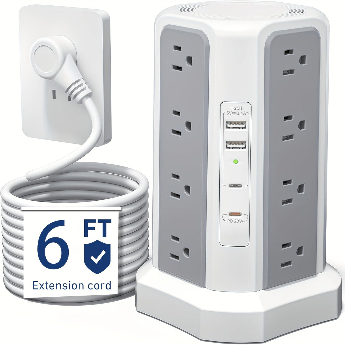 Tour multiprise, 16 prises CA, 5 ports USB, USB-C PD 20W, parafoudre 1500J, prise plate, rallonge de bureau