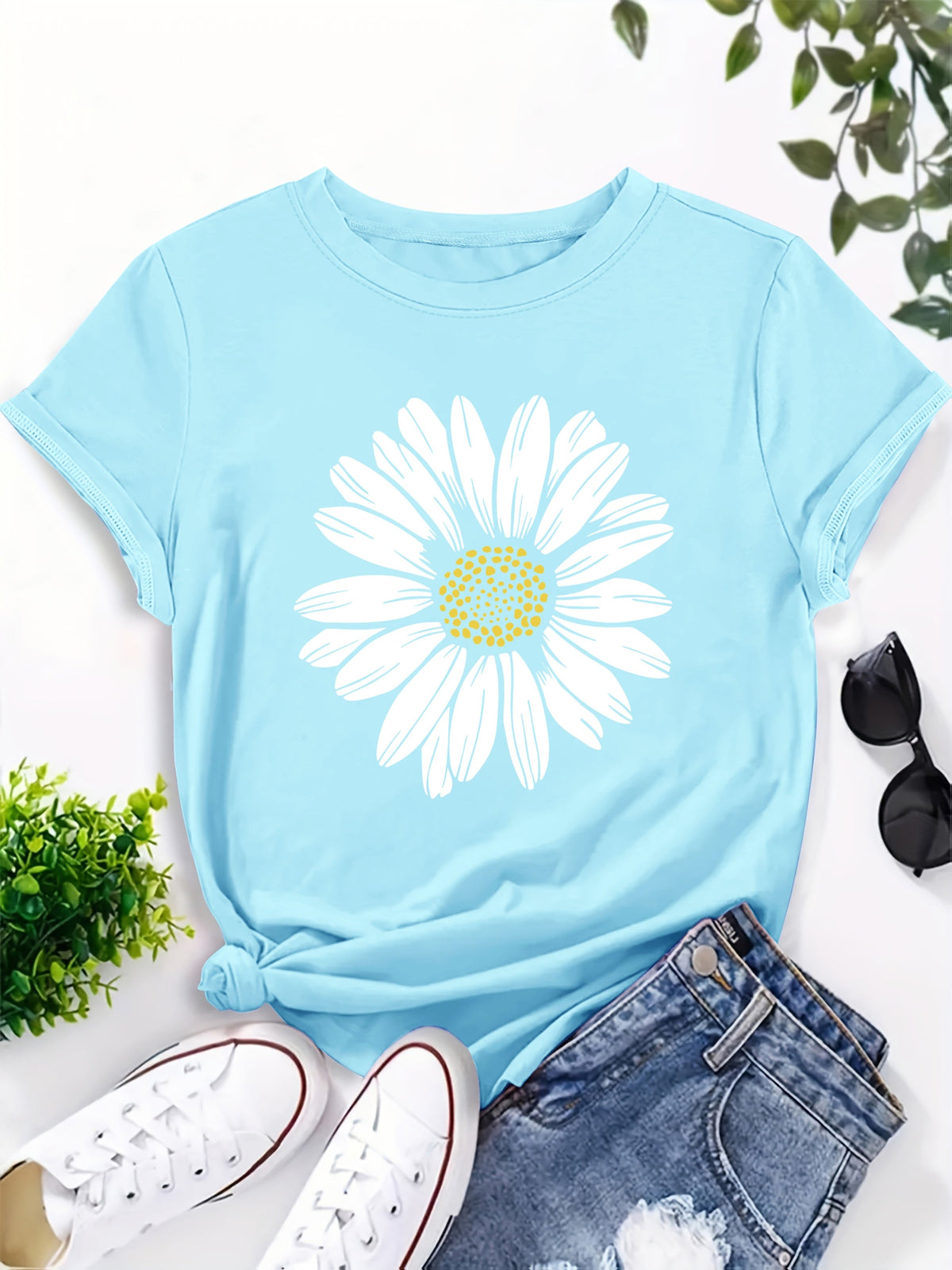 T-shirt à col rond imprimé marguerites pour femme | Hauts d'été décontractés pour femme, t-shirts à manches courtes avec motif floral mignon S M L XL XXL
