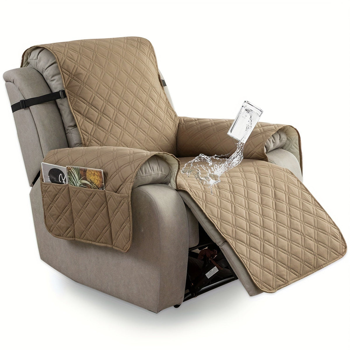 Housse de fauteuil inclinable imperméable avec poches latérales, sangles antidérapantes, tissu matelassé 4 couches, protection contre les animaux et les enfants, lavable en machine – 11 couleurs