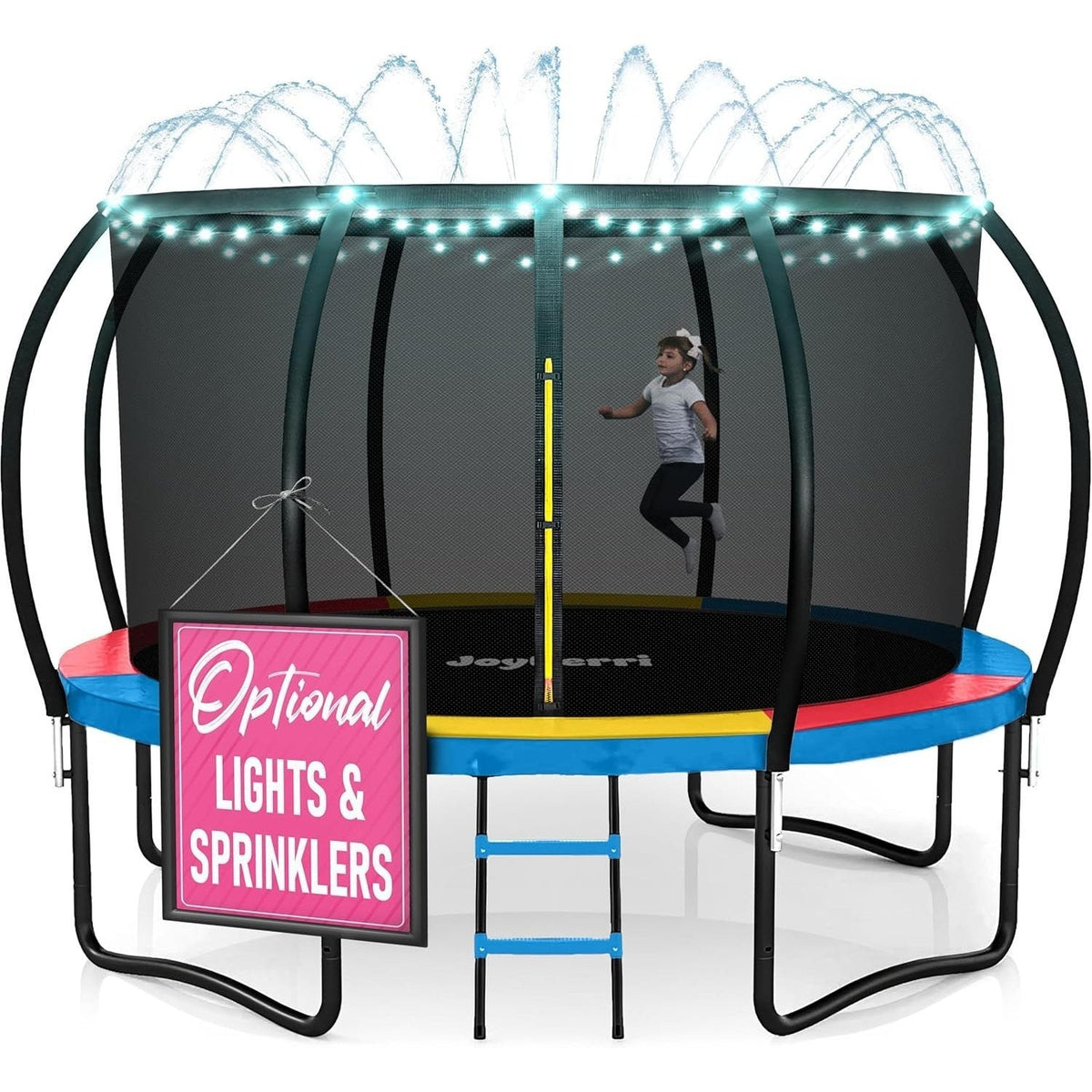 Trampoline d'extérieur JoyBerri avec filet de sécurité - Trampoline de jardin de 8 à 16 pieds pour enfants et adultes, cadre robuste antirouille, lumières LED, arroseur et échelle inclus | Cadeau de remise en forme amusant pour toute la famille