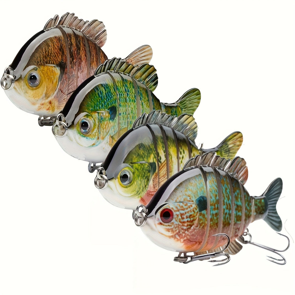 Lot de 4 leurres de pêche articulés Swimbait – Appât de surface rigide réaliste type perche avec hameçons triples, 8,9 cm / 24 g, leurres réalistes type crapet et poisson-soleil pour la pêche au bar en eau douce et en eau salée