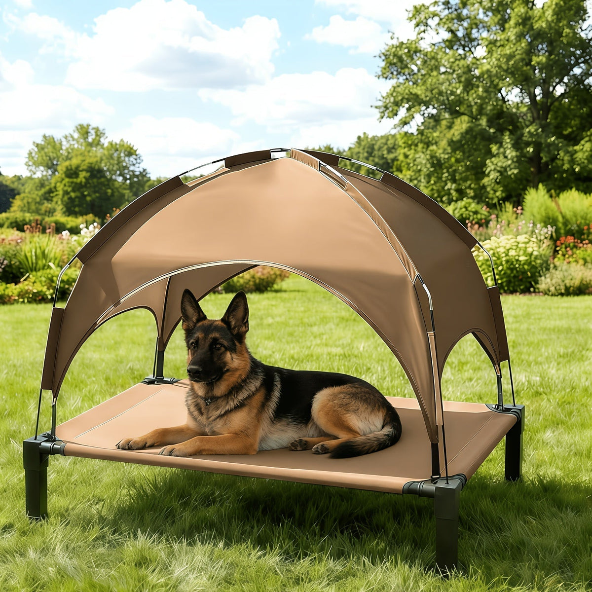 Elevated Dog Bed with Removable Canopy Shade Tent β Portable Raised Outdoor Cooling Pet Cot for Dogs & Cats, Breathable Mesh, Lightweight Foldable Design for Camping, Yard & Patio