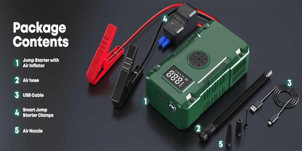 Démarreur de batterie 10000A 7-en-1 avec compresseur d'air 150PSI – Booster de batterie portable pour moteurs essence et diesel, pompe haute pression, kit d'urgence pour véhicule, batterie externe
