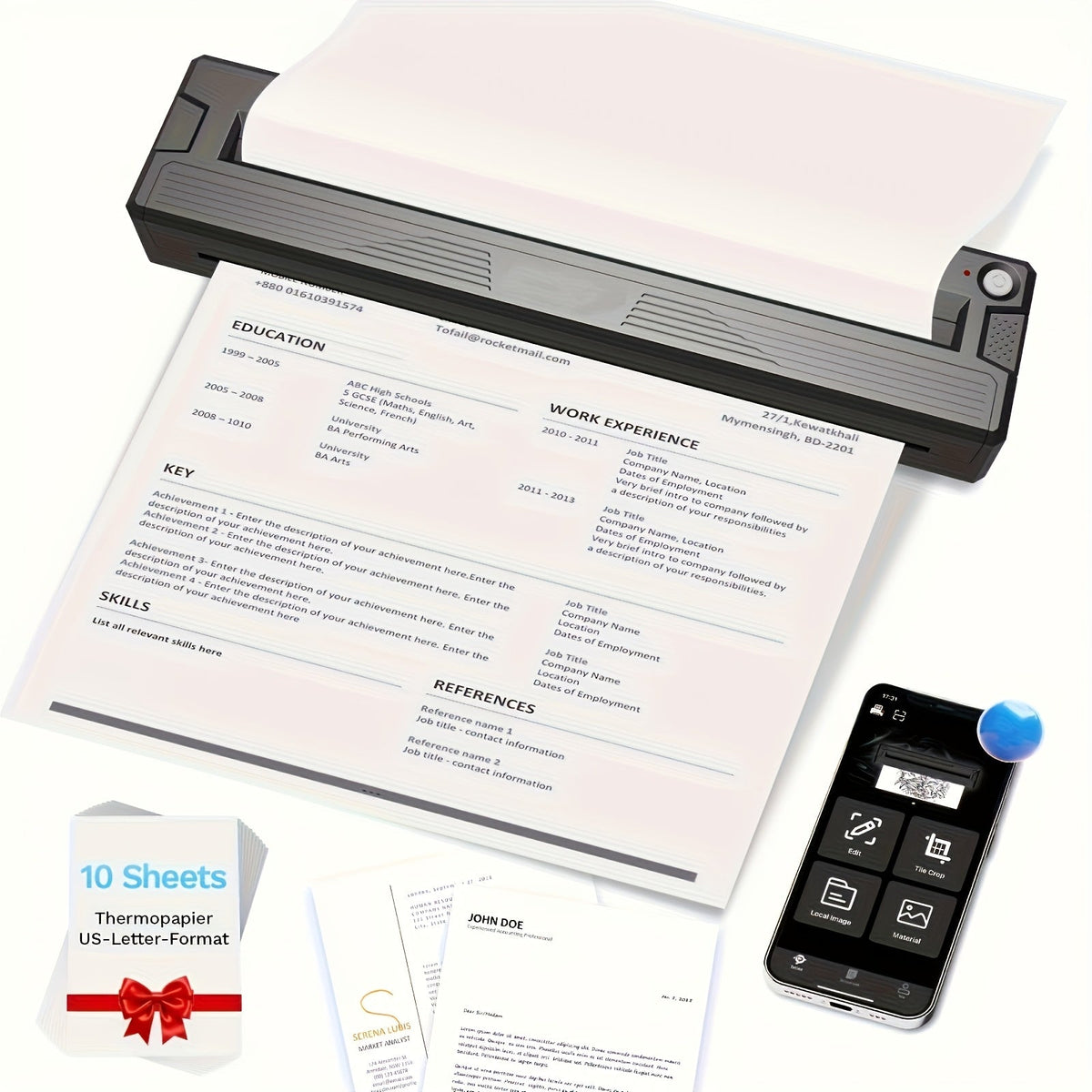 Imprimante thermique sans fil portable pour le voyage – Version améliorée 2026, imprime les formats lettre 8,5"x11", légal, A4 et A5, compatible avec iPhone, Android et ordinateur portable, comprend 10 feuilles de papier thermique plié – Noir