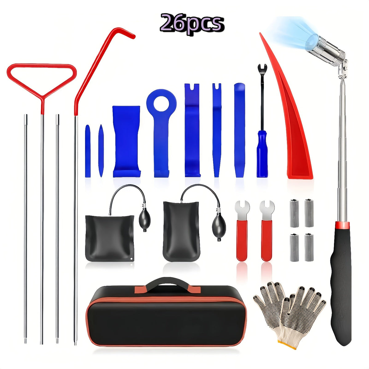 Kit d'outils de déverrouillage de voiture à 26 pièces avec coussin gonflable - Ensemble d'ouverture d'urgence pour portes et fenêtres avec pince à longue portée pour clés enfermées dans le véhicule, outil de dépannage pour voitures, camions et SUV