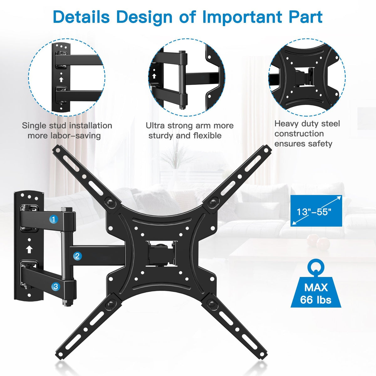 Support mural articulé pour téléviseur de 26 à 60 pouces jusqu'à 35 kg, pivotant, inclinable et extensible, support TV en acier inoxydable, VESA max 400x400 mm, compatible avec la plupart des téléviseurs à écran plat et incurvé