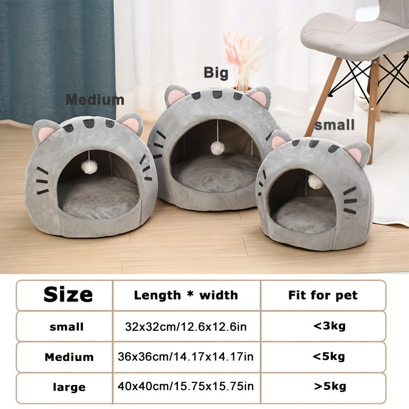 Niche pour chat, lit douillet et chaud pour chaton avec coussin amovible et lavable, design mignon avec oreilles de chat, tente semi-fermée pour chats d'intérieur et chatons – Lit de couchage en peluche douce antidérapant pour animaux