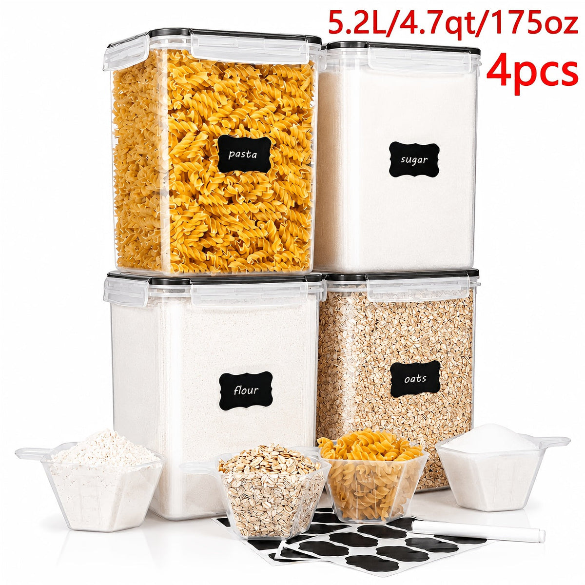 Lot de 4 grands récipients alimentaires hermétiques avec couvercles – Boîtes en plastique sans BPA de 5,2 L pour farine, sucre, riz et ingrédients de pâtisserie – Inclut des tasses à mesurer et 24 étiquettes, noir