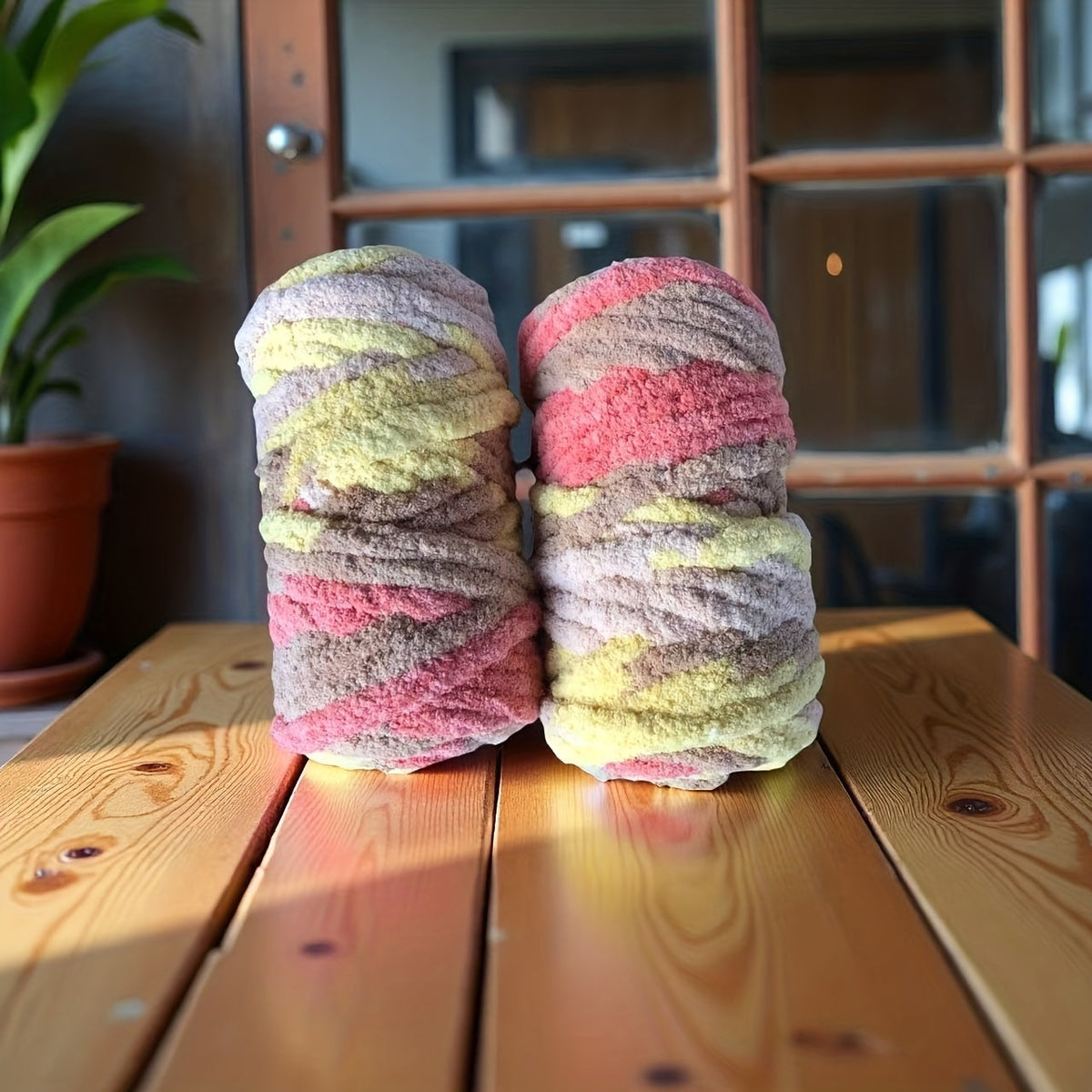 Fil chenille épais, 2 écheveaux de 500 g, laine pour tricot et crochet, rayé multicolore, polyester doux, extra épais, pelucheux, cadeau DIY pour femmes et hommes