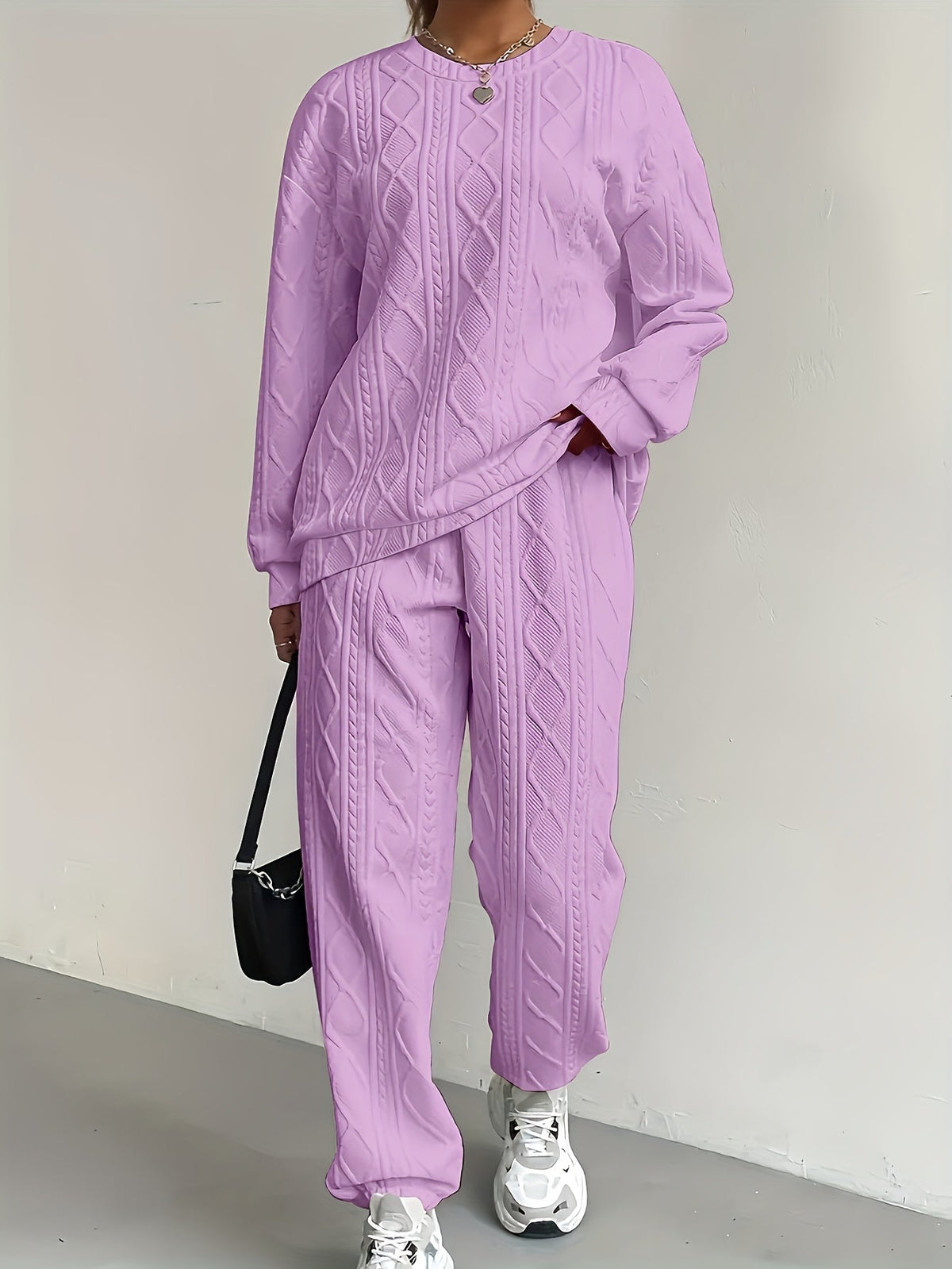 Ensemble survêtement 2 pièces pour femme – Haut à manches longues et col rond en jacquard texturé et pantalon de jogging, tenue de détente décontractée et respirante pour le printemps et l'été S-XXL