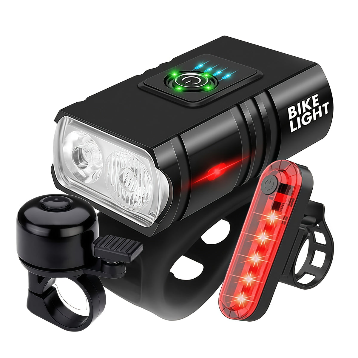 Ensemble d'éclairage de vélo rechargeable par USB ultra-lumineux – Phare avant LED 1200 mAh et feu arrière 330 mAh, 6+4 modes, faisceau large 180°, sonnette de sécurité incluse, pour vélo de route, VTT et cyclisme de nuit