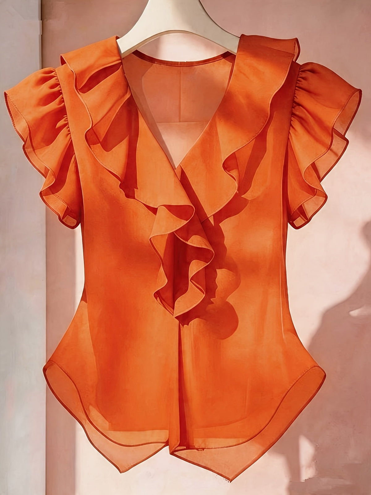 Haut femme en mousseline à manches courtes et volants – Chemisier d'été décontracté coupe évasée, couleur unie, disponible en 21 coloris, 100 % polyester tissé