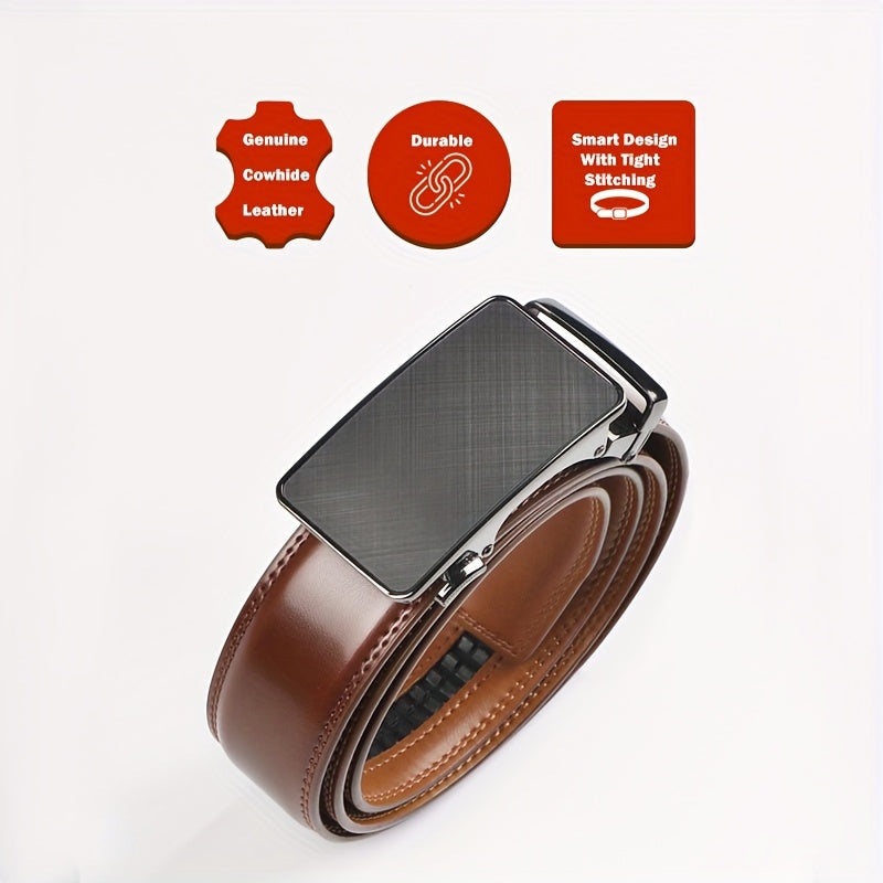 Ceinture pour homme en cuir véritable à boucle automatique avec cliquet – Ceinture habillée sans trou à boucle coulissante, noir/marron, convient aux tours de taille de 30" à 44", tenue formelle et décontractée