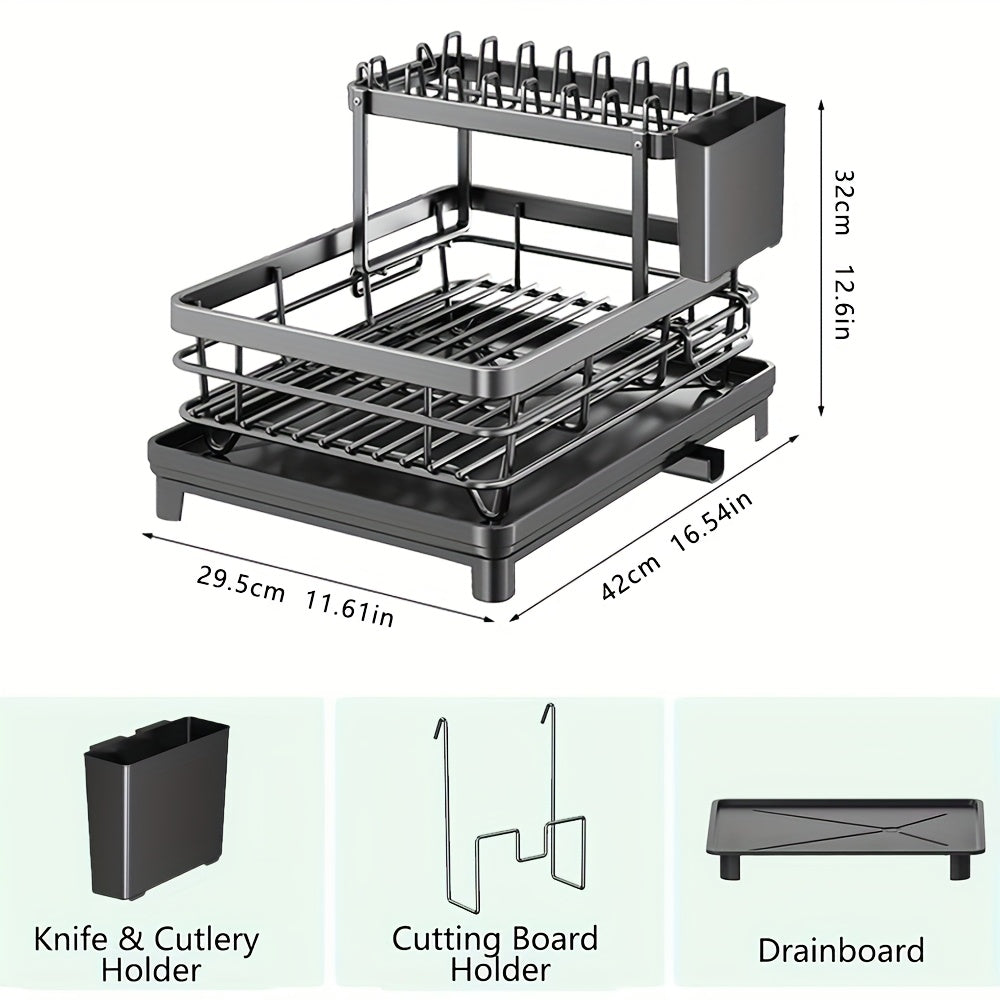 Égouttoir à vaisselle à 2 niveaux pour comptoir de cuisine avec plateau d'égouttage, tapis de drainage, porte-couteaux, porte-fourchettes, porte-gobelets, organisateur d'ustensiles, accessoire de cuisine, cadeau pour femme pour la fête des mères