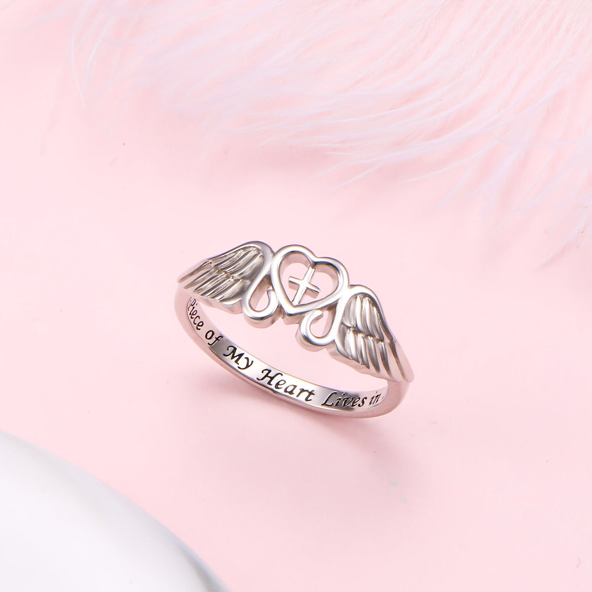 Bague commémorative aile d'ange en argent sterling S925 – Une partie de mon cœur vit au ciel, plaquée rhodium, cadeau de sympathie pour la perte d'une maman, d'un papa, d'un grand-parent, d'une fille ou d'un fils, tailles 5-10