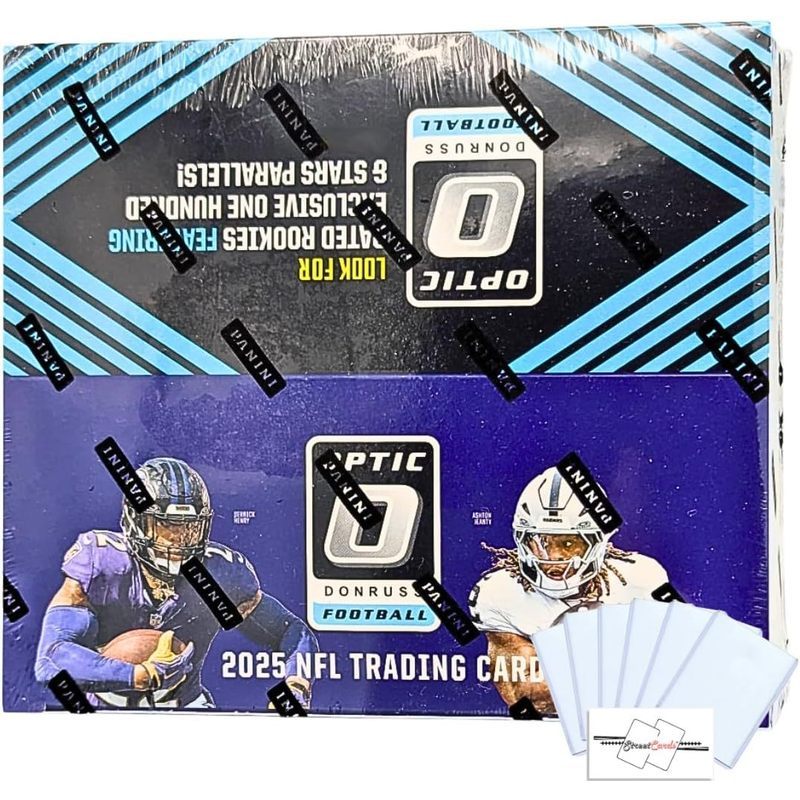 Boîte de vente au détail NFL 2025 Panini Donruss Optic Football – 80 cartes à collectionner, 20 paquets, 6 toploaders et un aimant StreetCards – À la recherche des Rated Rookies, Downtown, autographes et parallèles ultra-rares