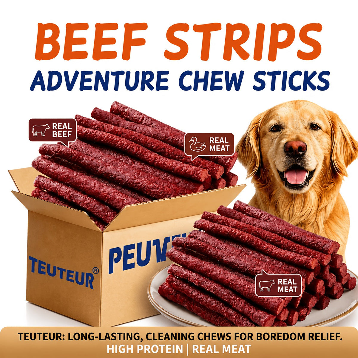 Bâtonnets de bœuf naturels de qualité supérieure pour chiens – Friandises protéinées sans céréales, type viande séchée et à mâcher pour chiots, chiens adultes de petite, moyenne et grande taille, récompenses d'éducation durables pour toutes les races